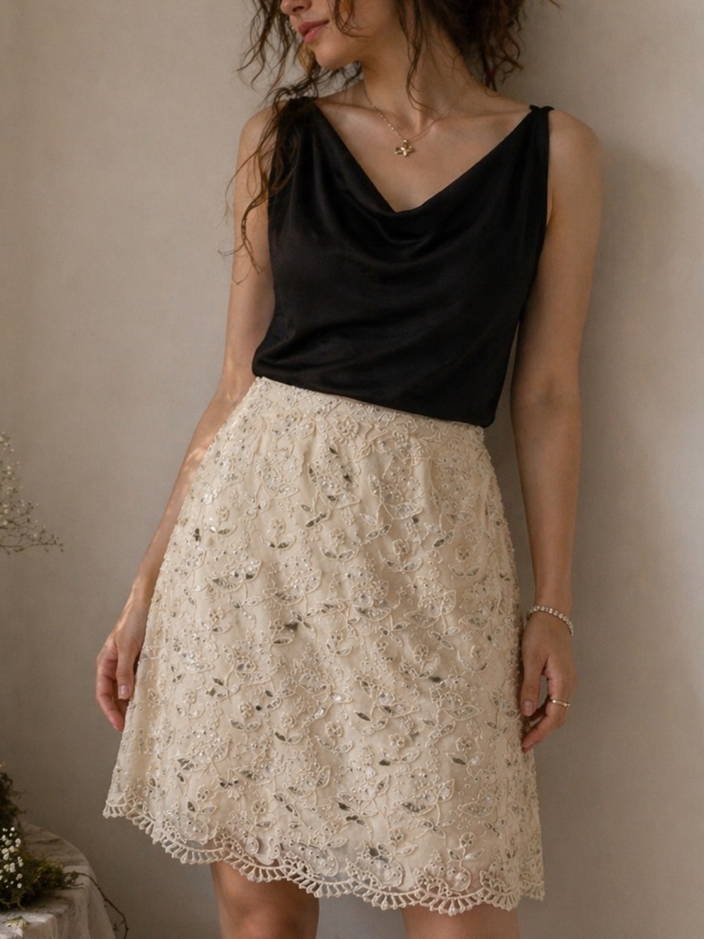 Vintage Cache Cream Beaded‎ Lace A-Line Skirt Size M Wedding Guest